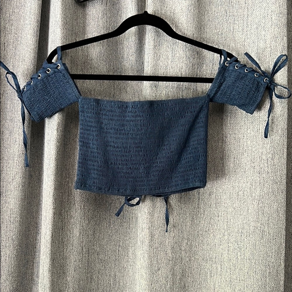 Blue Smocked Crop Blouse with Tie Front